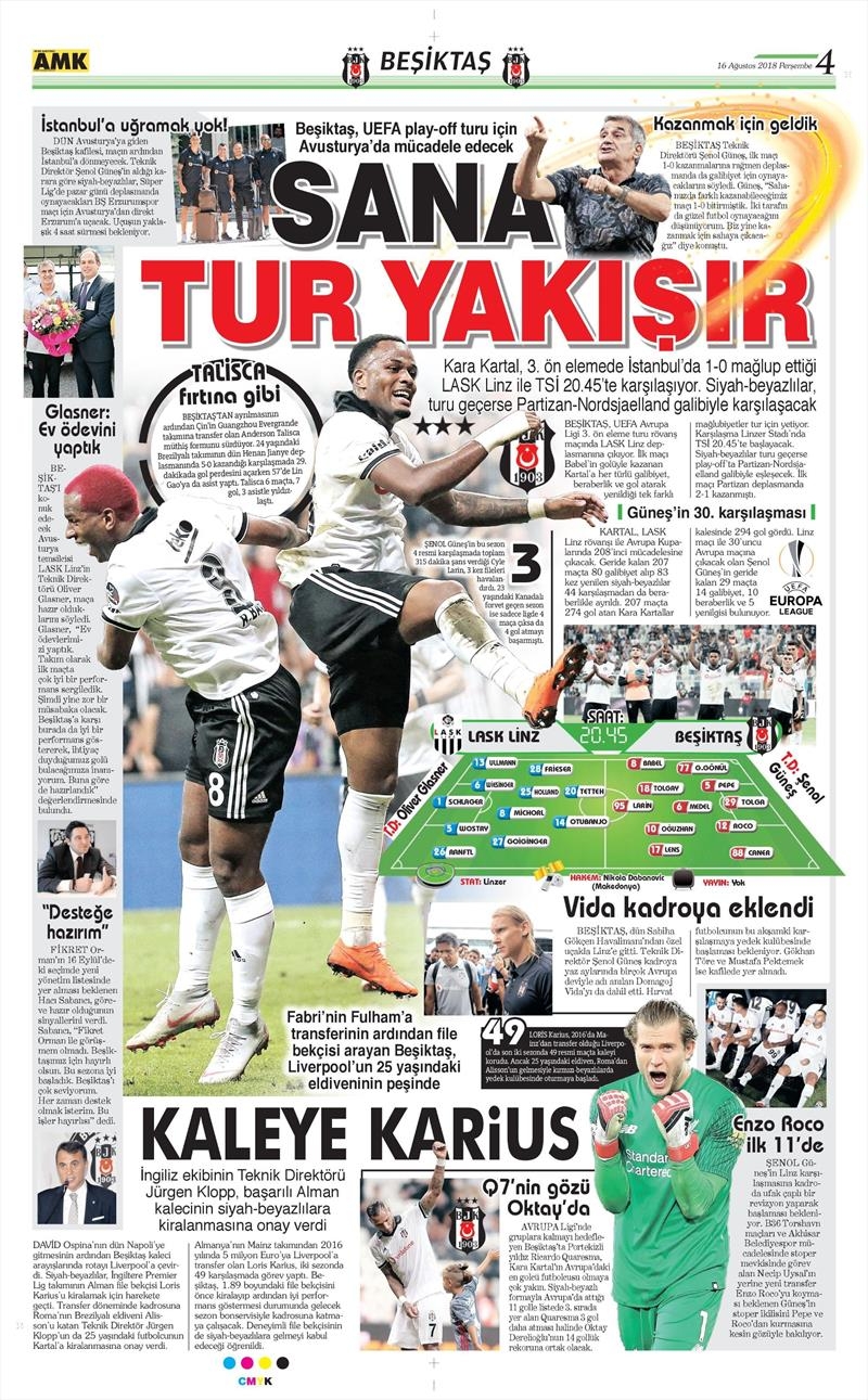 16 Ağustos 2018 | Gazetelerin Beşiktaş Manşetleri - Görsel 1