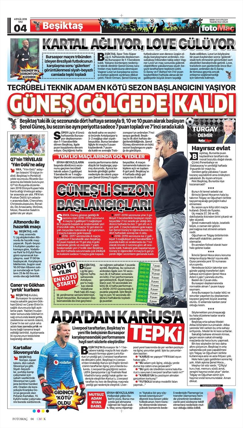 4 Eylül 2018 | Gazetelerin Beşiktaş Manşetleri - Görsel 8