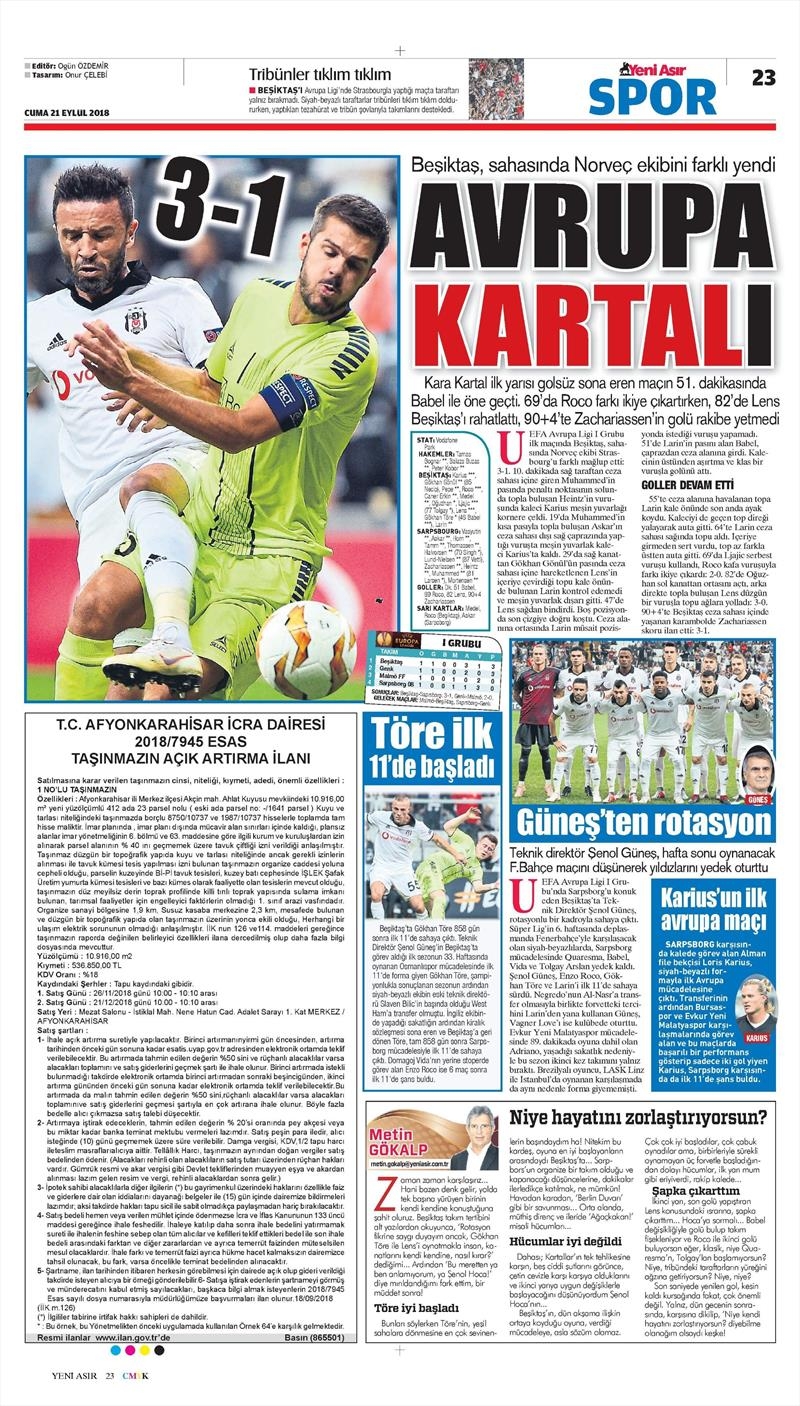 21 Eylül 2018 | Gazetelerin Beşiktaş Manşetleri - Görsel 20