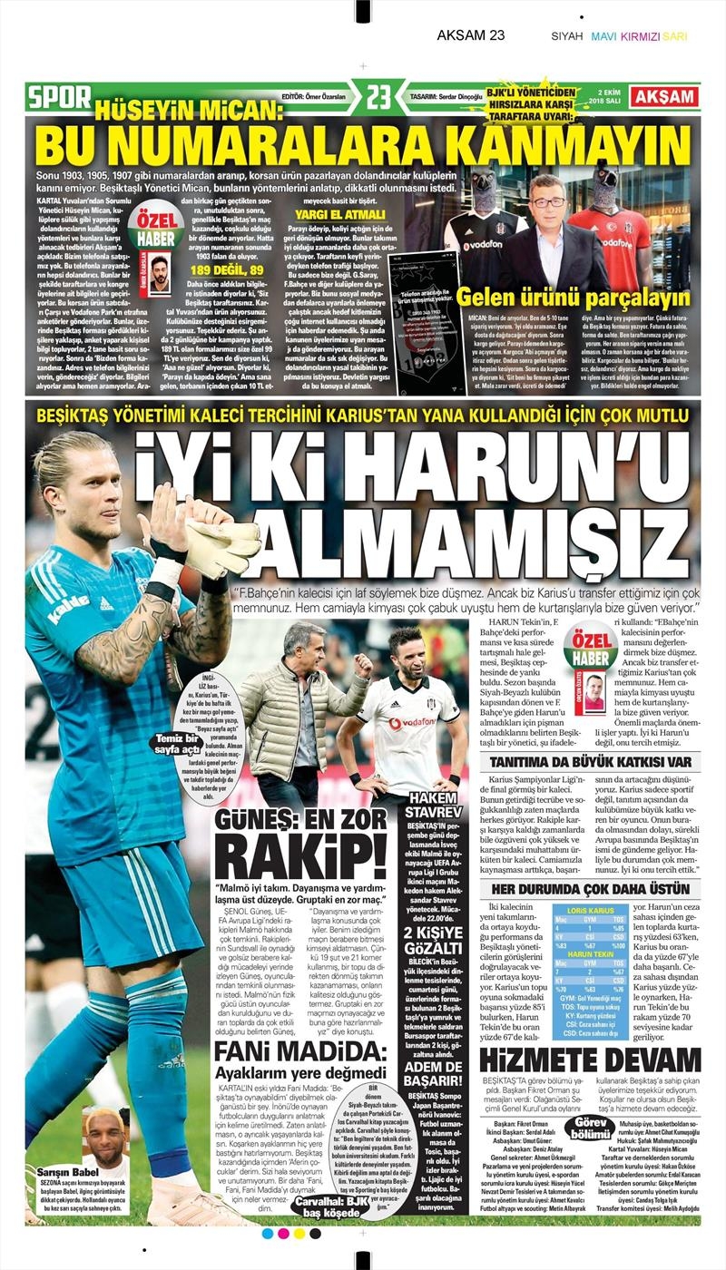2 Ekim 2018 | Gazetelerin Beşiktaş Manşetleri - Görsel 3