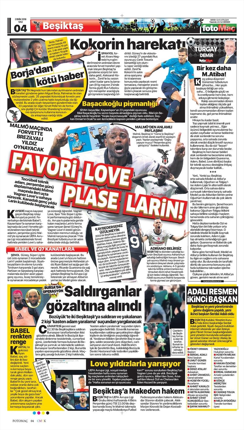 2 Ekim 2018 | Gazetelerin Beşiktaş Manşetleri - Görsel 6