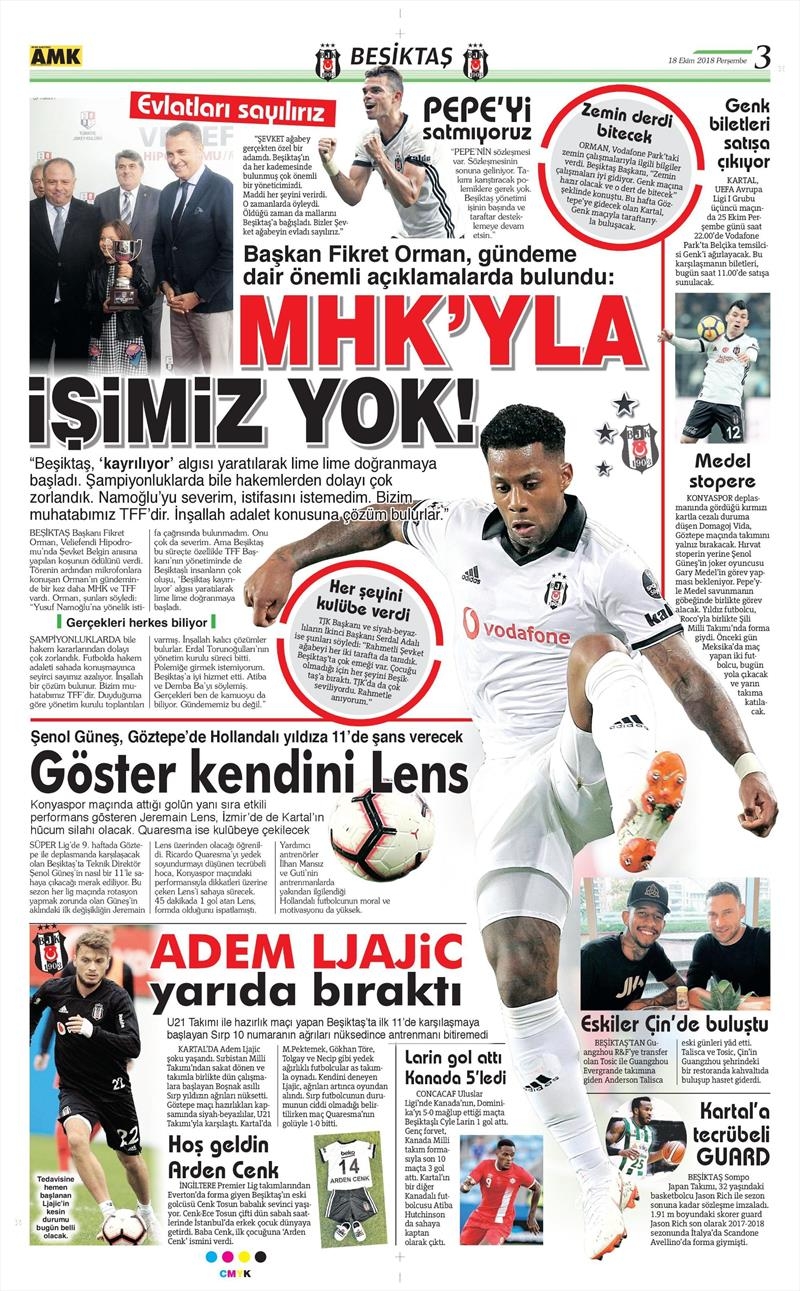 18 Ekim 2018 | Gazetelerin Beşiktaş Manşetleri - Görsel 1