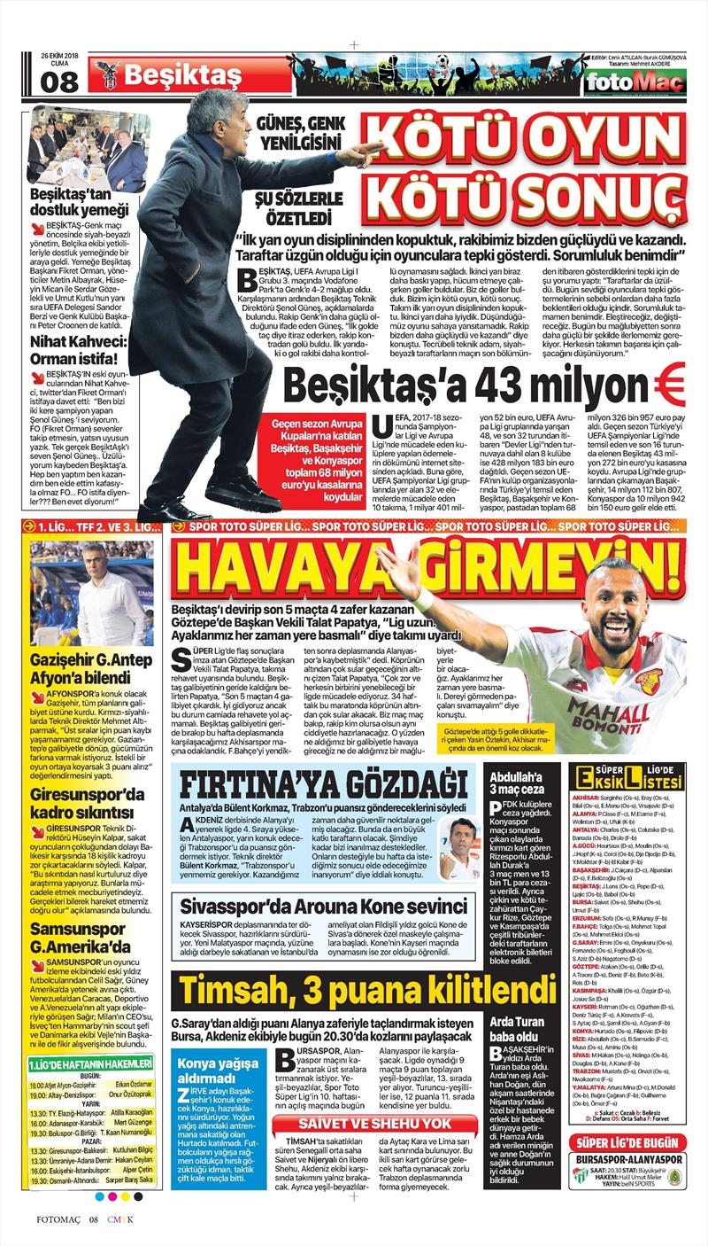 26 Ekim 2018 | Gazetelerin Beşiktaş Manşetleri - Görsel 15