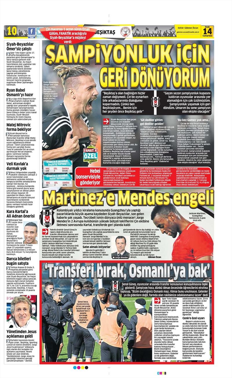 14 Ocak 2017 | İşte gazetelerin Beşiktaş manşetleri - Görsel 1