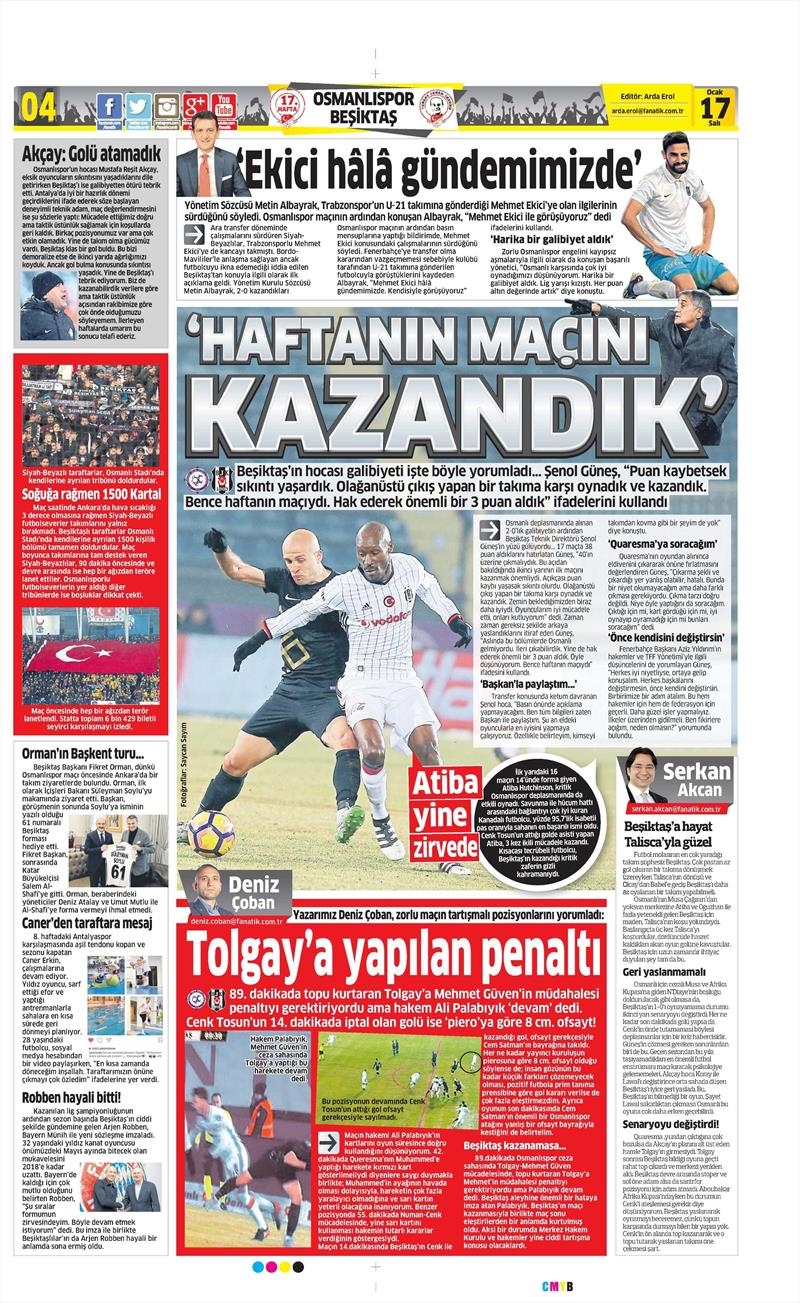 17 Ocak 2017 | İşte gazetelerin Beşiktaş manşetleri - Görsel 4