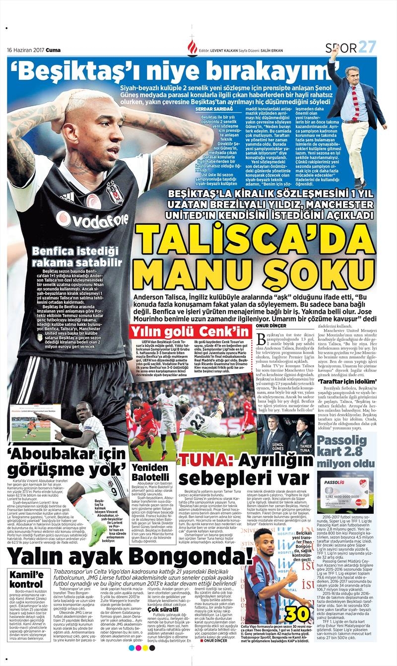16 Haziran 2017 | İşte gazetelerin Beşiktaş manşetleri - Görsel 8