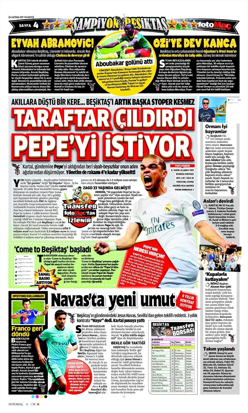 26 Haziran 2017 | İşte gazetelerin Beşiktaş manşetleri - Görsel 1