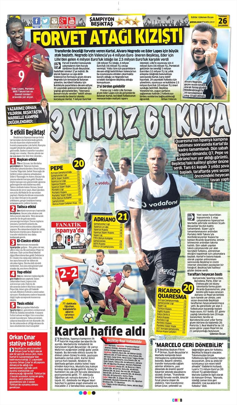 26 Temmuz 2017 | İşte gazetelerin Beşiktaş manşetleri - Görsel 1
