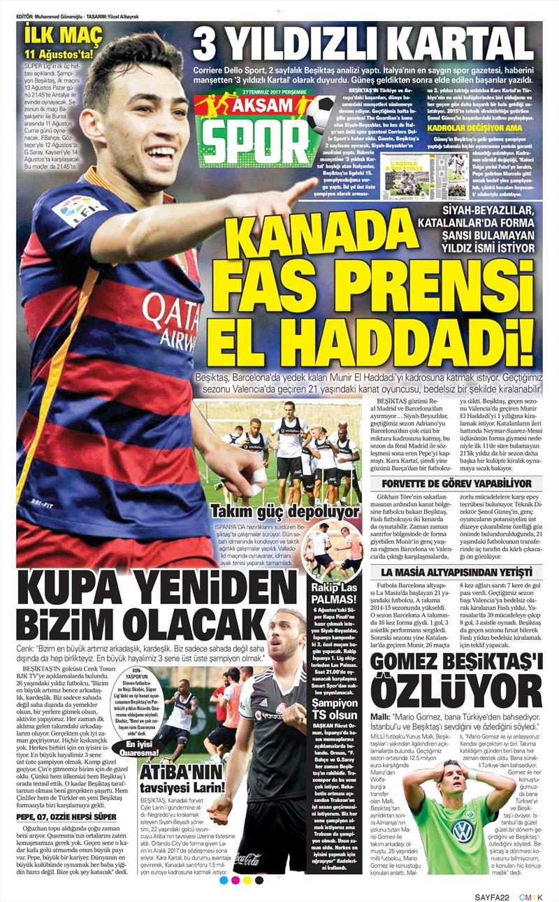 27 Temmuz 2017 | İşte gazetelerin Beşiktaş manşetleri - Görsel 1