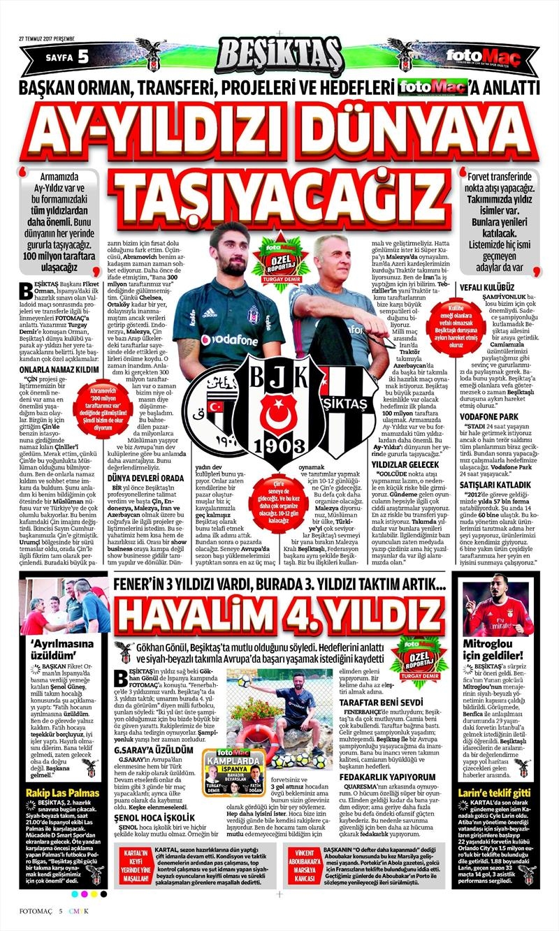 27 Temmuz 2017 | İşte gazetelerin Beşiktaş manşetleri - Görsel 3