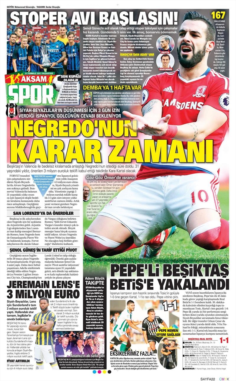 31 Temmuz 2017 | Gazetelerin Beşiktaş Manşetleri - Görsel 2