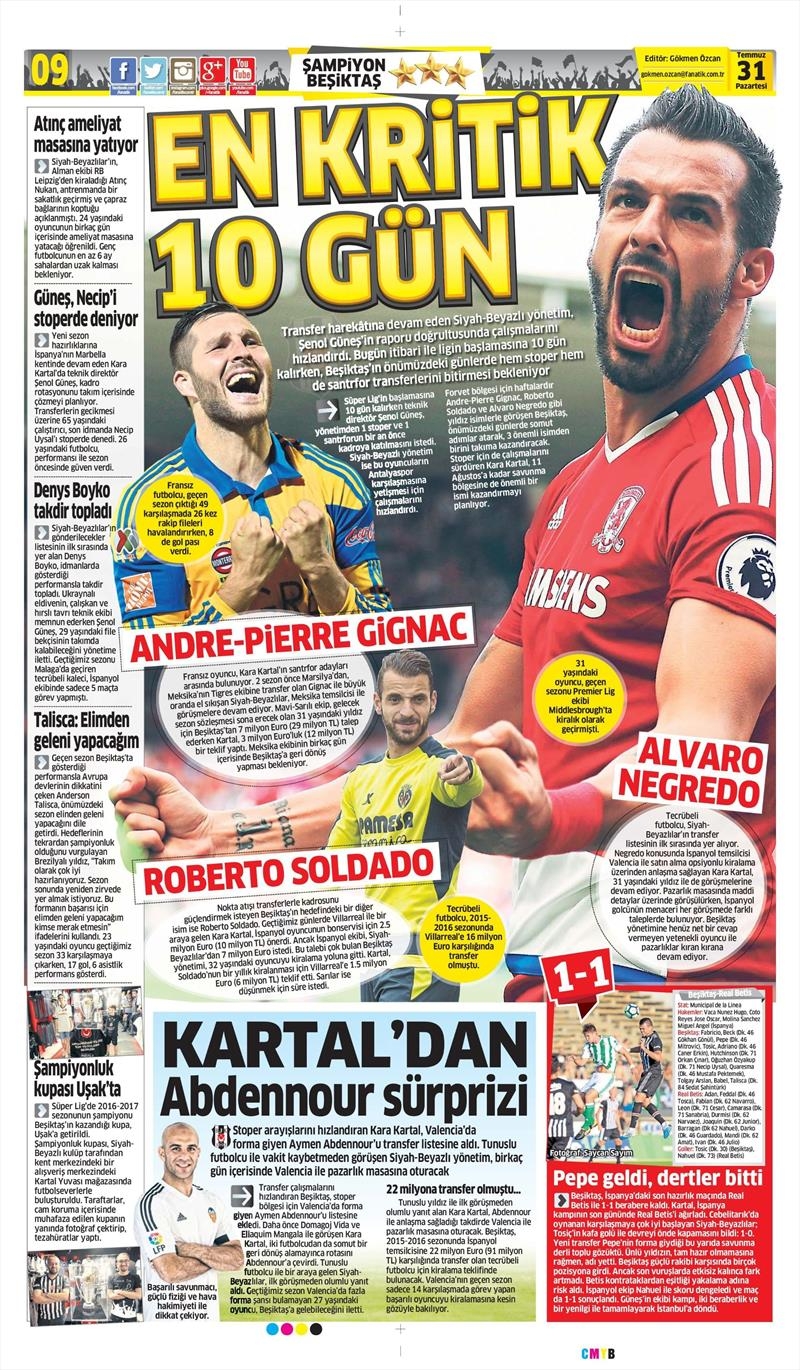 31 Temmuz 2017 | Gazetelerin Beşiktaş Manşetleri - Görsel 6