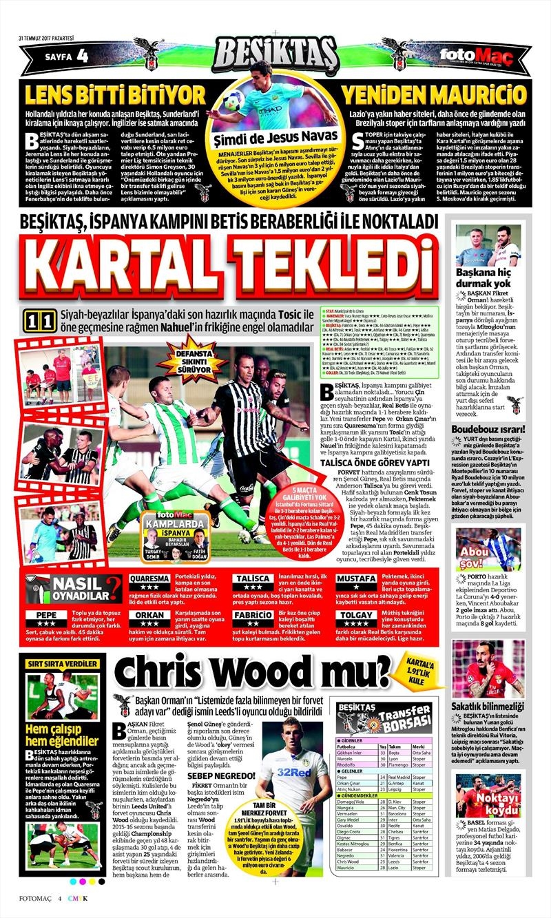31 Temmuz 2017 | Gazetelerin Beşiktaş Manşetleri - Görsel 7