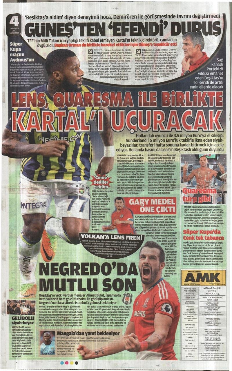02 Ağustos 2017 | Gazetelerin Beşiktaş Manşetleri - Görsel 3