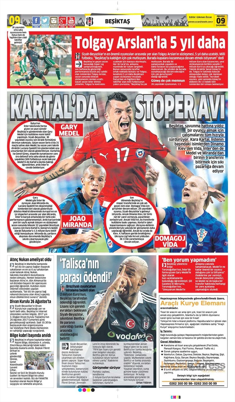 9 Ağustos 2017 | İşte gazetelerin Beşiktaş manşetleri - Görsel 2