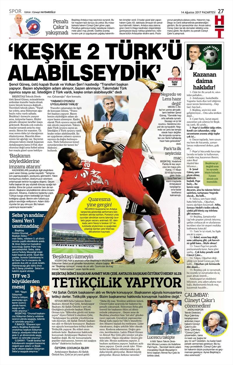 14 Ağustos 2017 | Gazetelerin Beşiktaş Manşetleri - Görsel 15