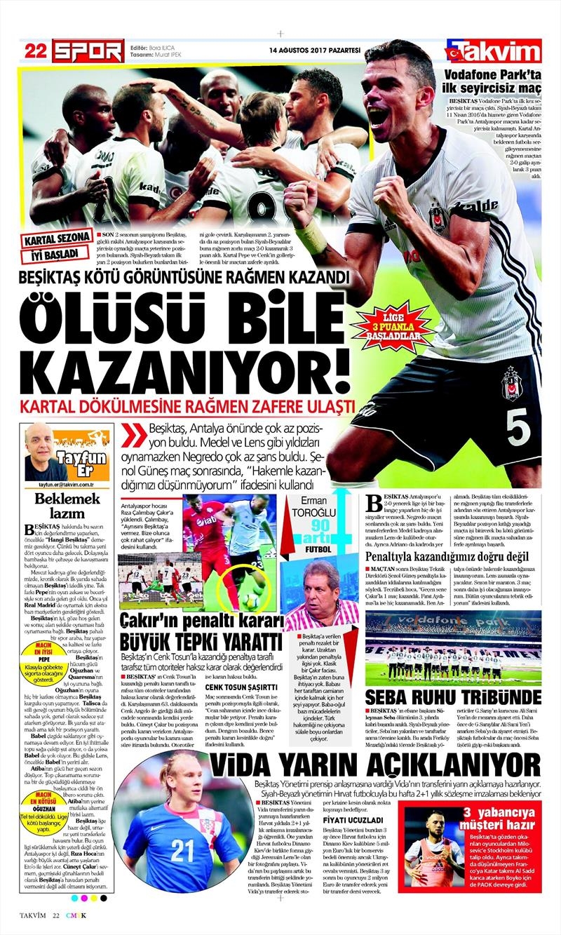 14 Ağustos 2017 | Gazetelerin Beşiktaş Manşetleri - Görsel 27