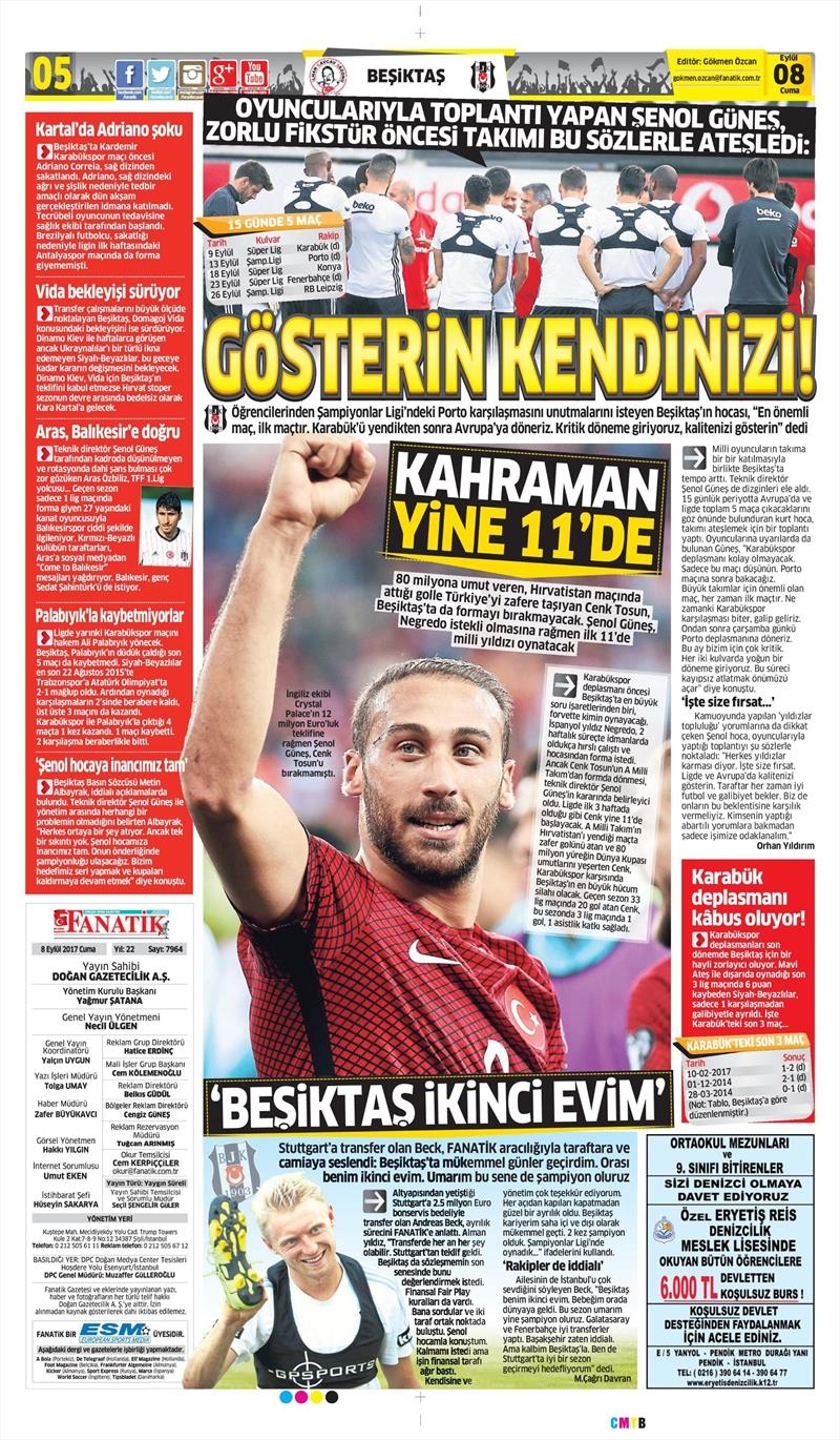 8 Eylül 2017 | İşte gazetelerin Beşiktaş manşetleri - Görsel 1