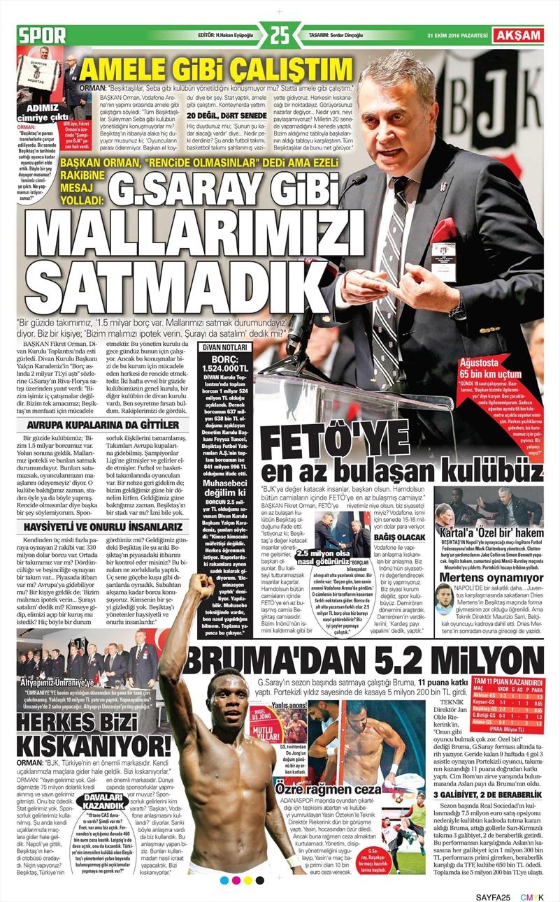 31 Ekim 2016 | Gazetelerin Beşiktaş sayfaları - Görsel 1