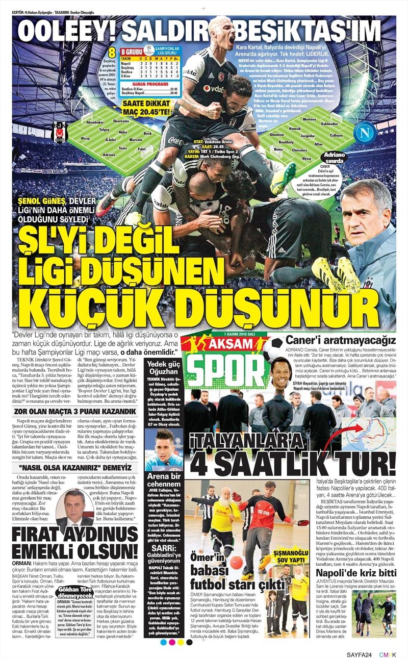 1 Kasım 2016 | Gazetelerin Beşiktaş sayfaları - Görsel 1