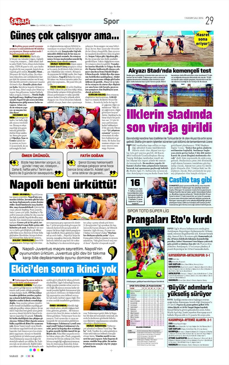 1 Kasım 2016 | Gazetelerin Beşiktaş sayfaları - Görsel 16