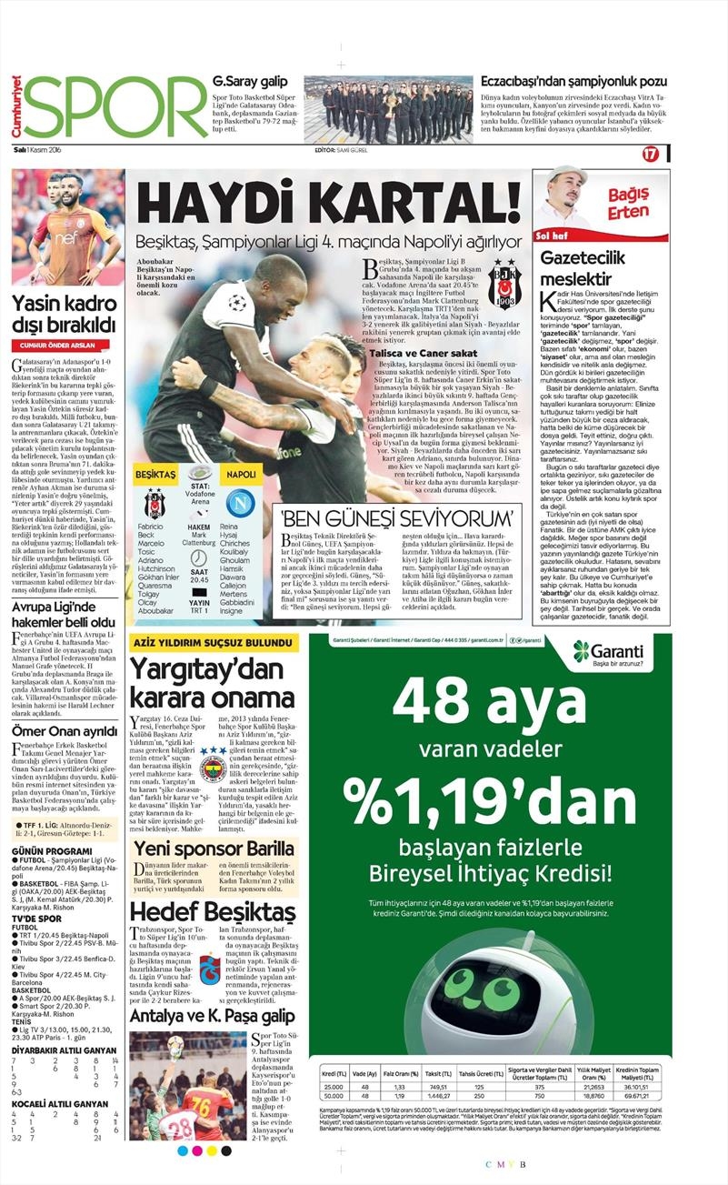 1 Kasım 2016 | Gazetelerin Beşiktaş sayfaları - Görsel 2
