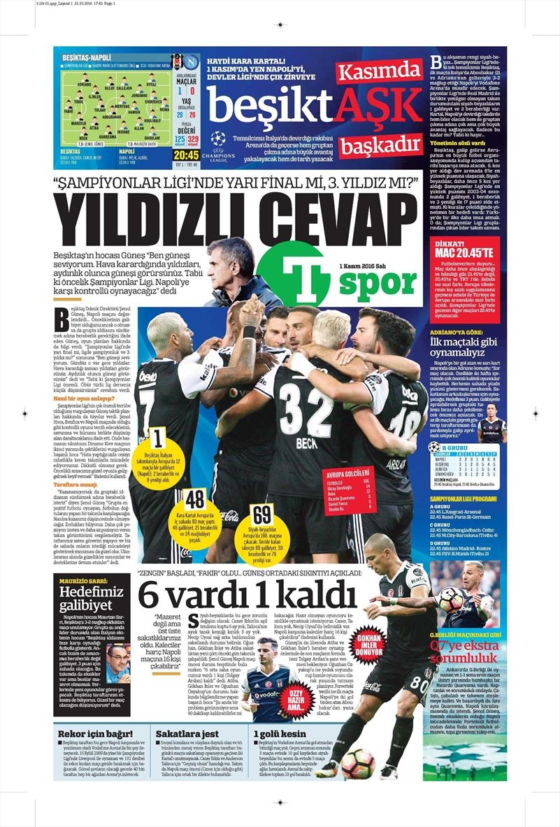 1 Kasım 2016 | Gazetelerin Beşiktaş sayfaları - Görsel 21