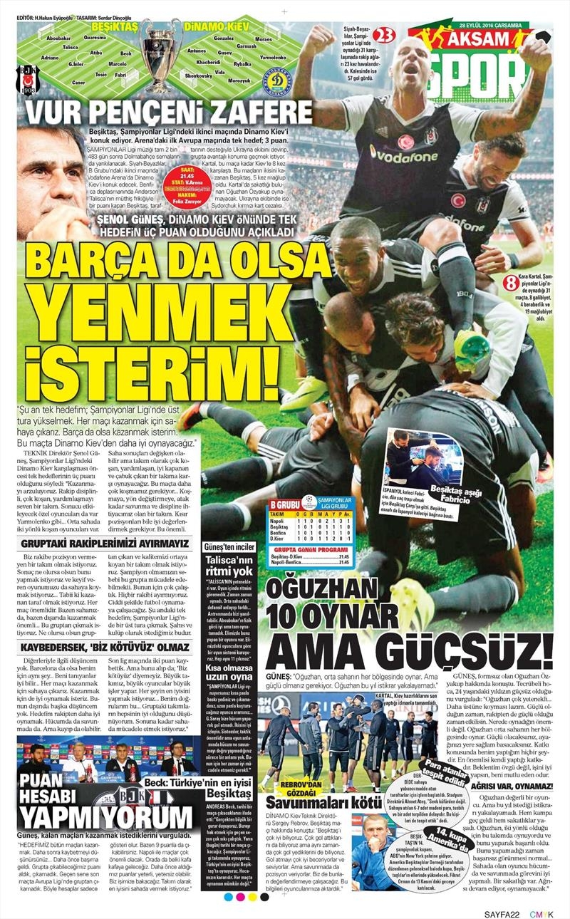 28 Eylül 2016 | Beşiktaş sayfaları - Görsel 1