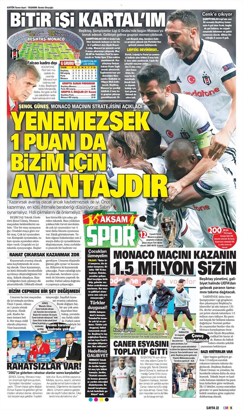 01 Kasım 2017 | Gazetelerin Beşiktaş Manşetleri - Görsel 1
