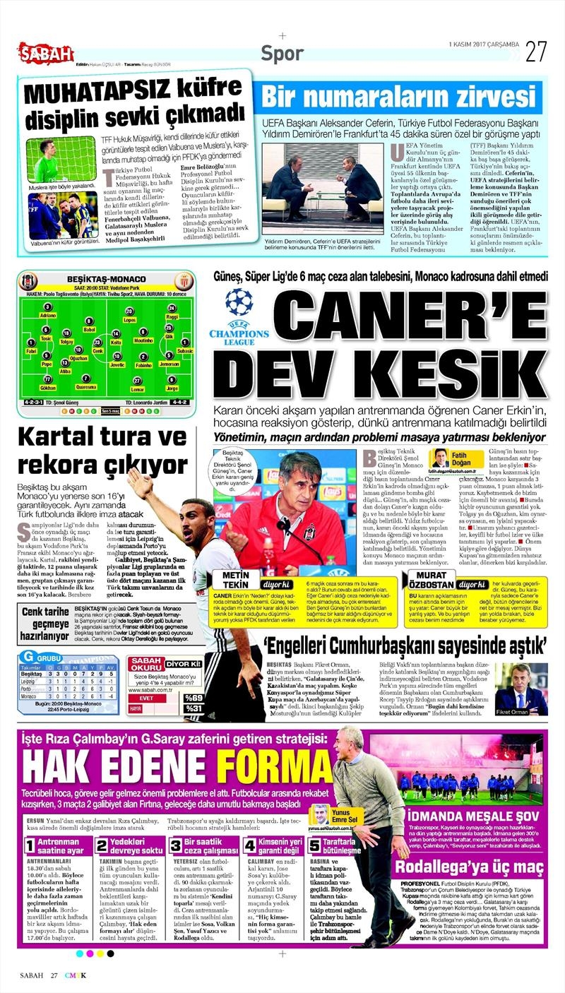 01 Kasım 2017 | Gazetelerin Beşiktaş Manşetleri - Görsel 14