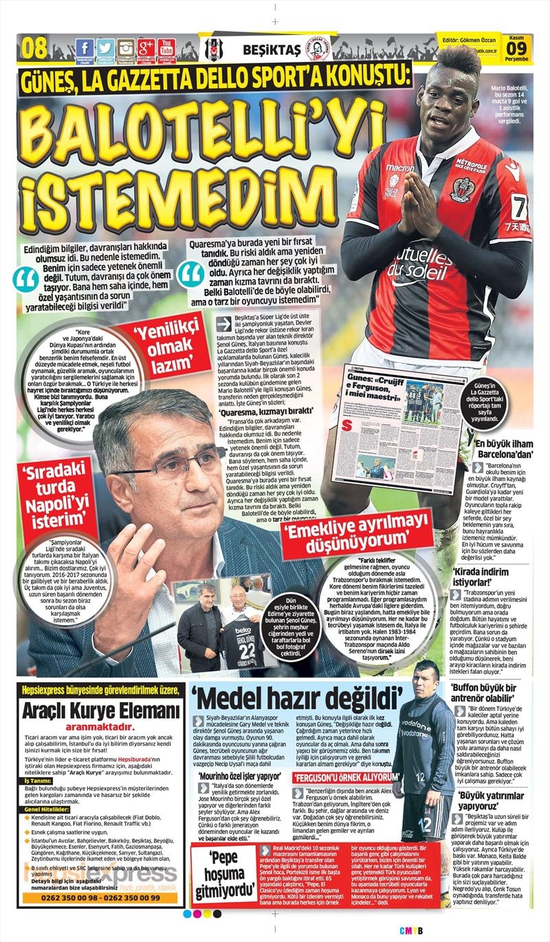 09 Kasım 2017 | Gazetelerin Beşiktaş Manşetleri - Görsel 1
