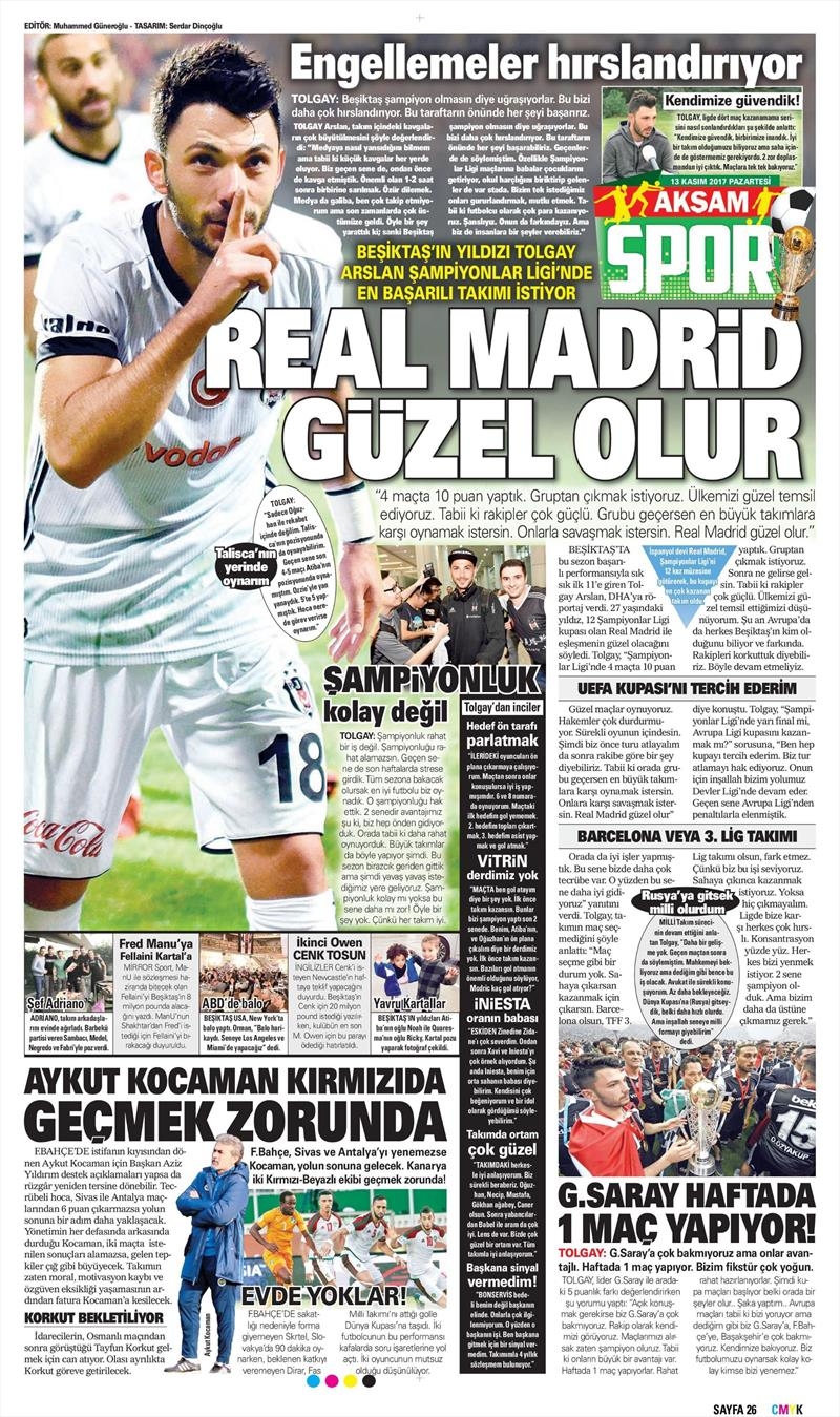 13 Kasım 2017 | Gazetelerin Beşiktaş Manşetleri - Görsel 1