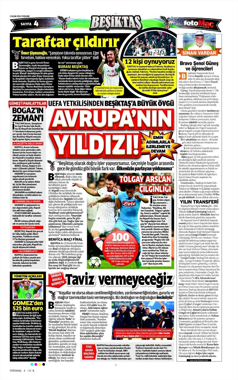 3 Kasım 2016 | Gazetelerin Beşiktaş sayfaları - Görsel 6