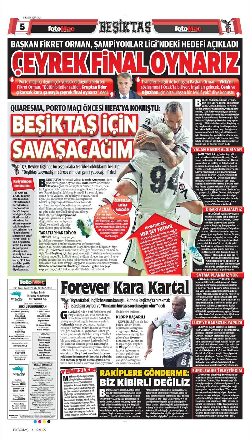 21 Kasım 2017 | Gazetelerin Beşiktaş Manşetleri - Görsel 3