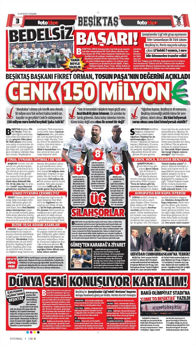 23 Kasım 2017 | Gazetelerin Beşiktaş Manşetleri - Görsel 7