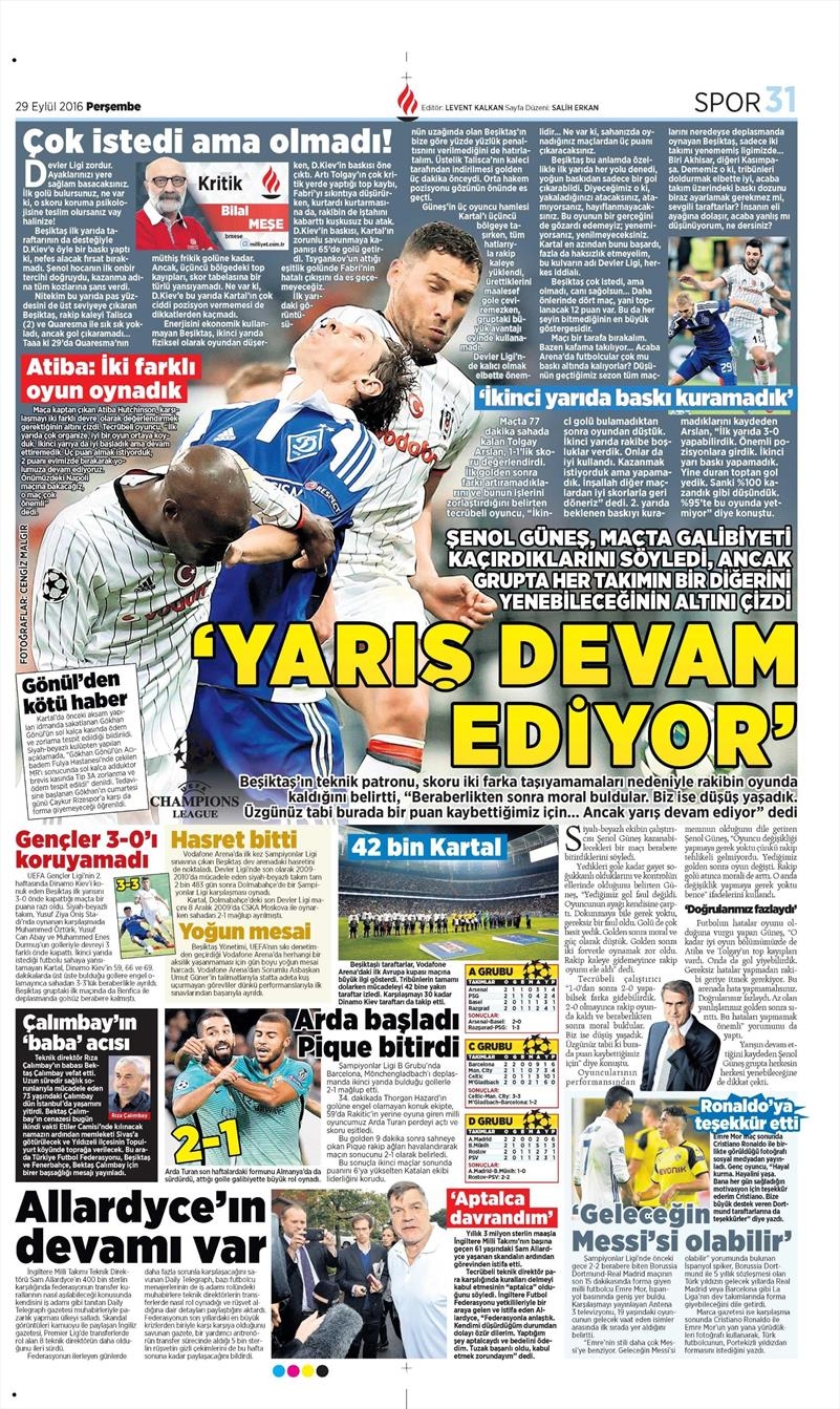 29 Eylül 2016 | Beşiktaş sayfaları - Görsel 10