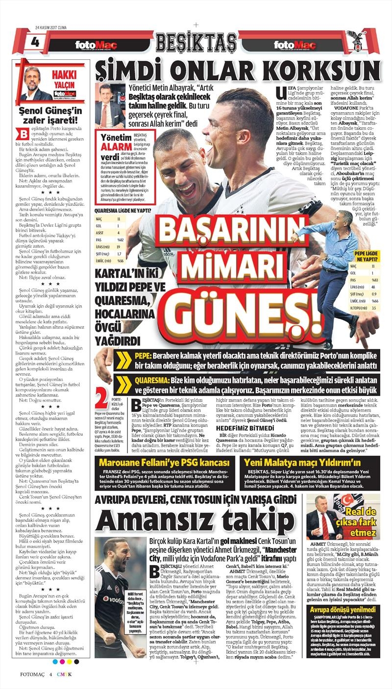 24 Kasım 2017 | Gazetelerin Beşiktaş Manşetleri - Görsel 4