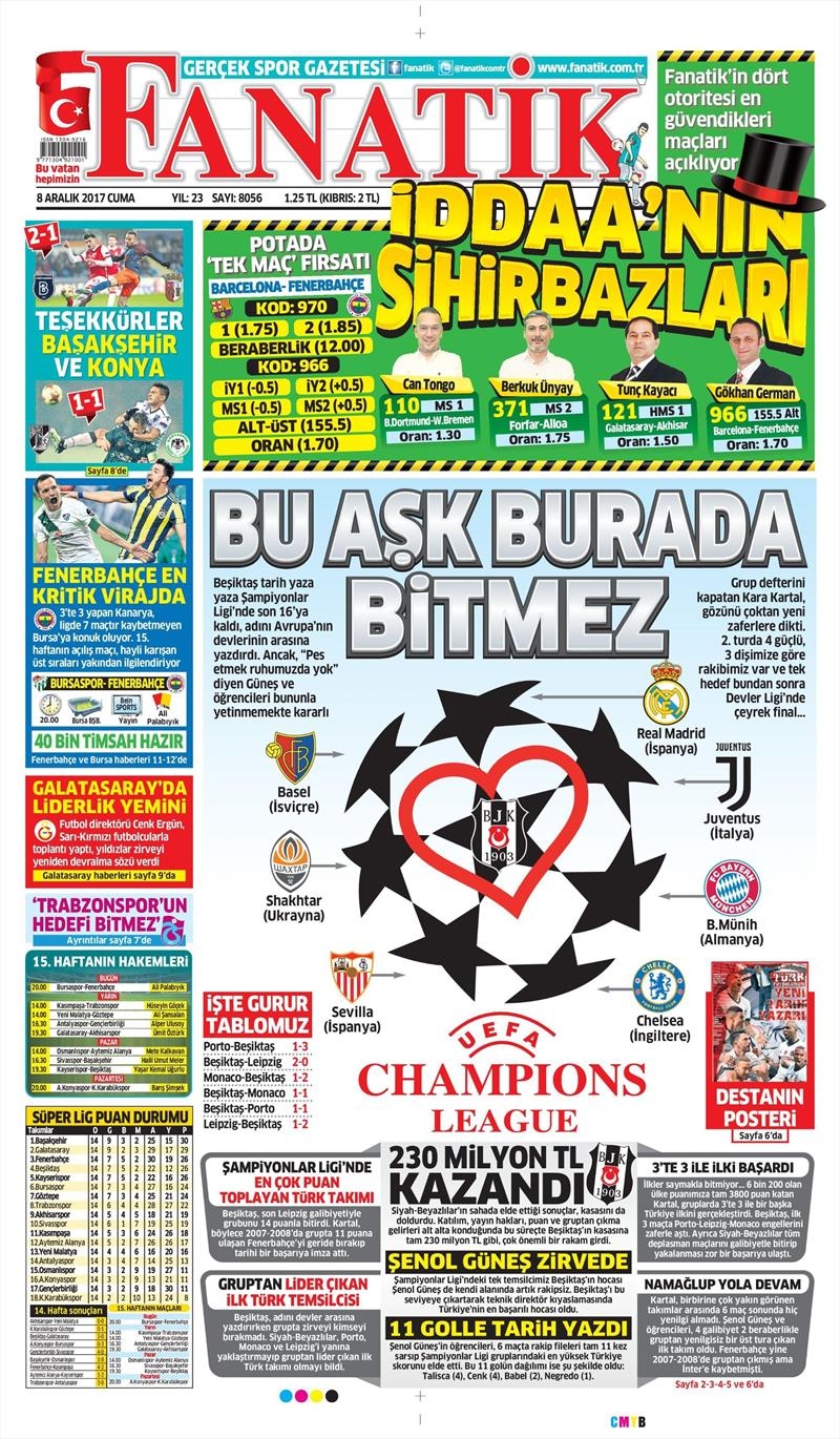 8 Aralık 2017 | Gazetelerin Beşiktaş Manşetleri - Görsel 1