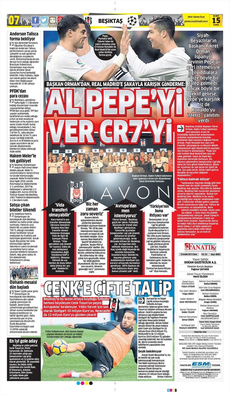 15 Aralık 2017 | Gazetelerin Beşiktaş Manşetleri - Görsel 1