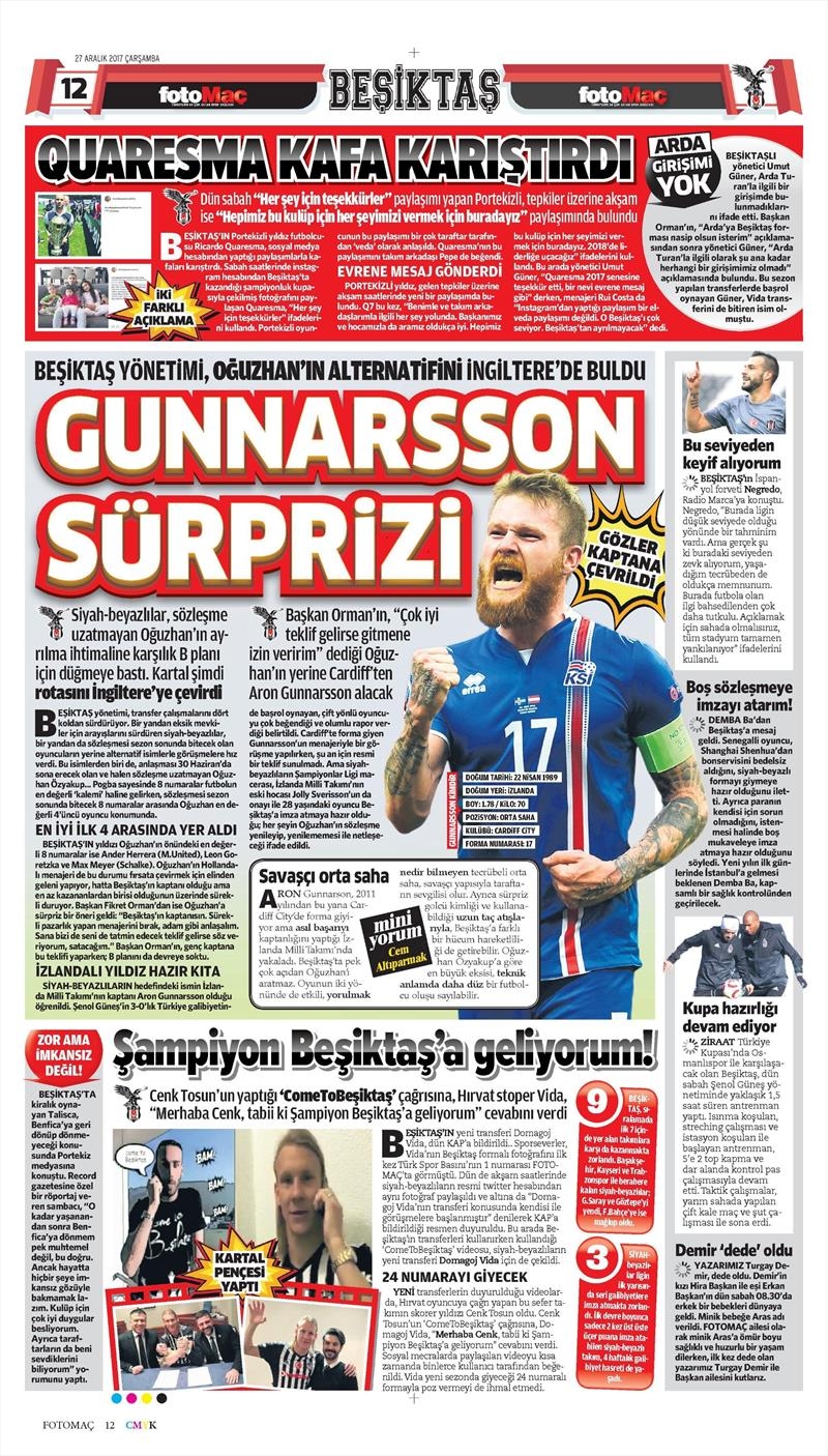 27 Aralık 2017 | Gazetelerin Beşiktaş Manşetleri - Görsel 3