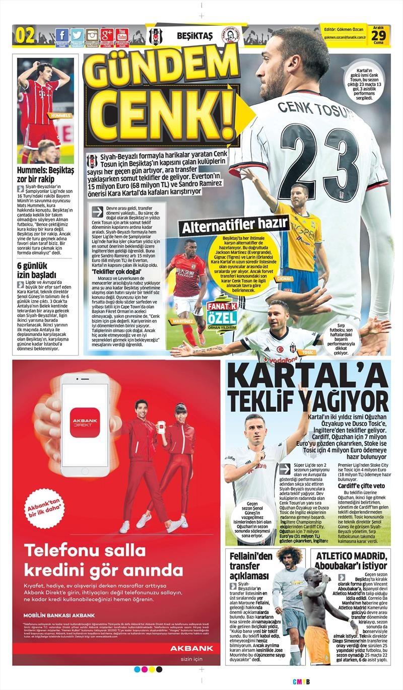 29 Aralık 2017 | Gazetelerin Beşiktaş Manşetleri - Görsel 1