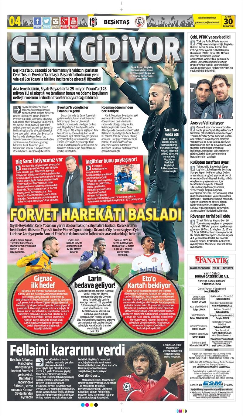 30 Aralık 2017 | Gazetelerin Beşiktaş Manşetleri - Görsel 1