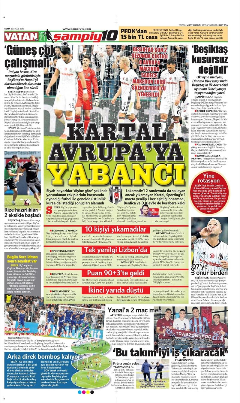 30 Eylül 2016 | Beşiktaş sayfaları - Görsel 1