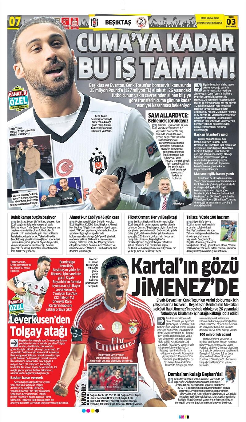 3 Ocak 2018 | Gazetelerin Beşiktaş Manşetleri - Görsel 3