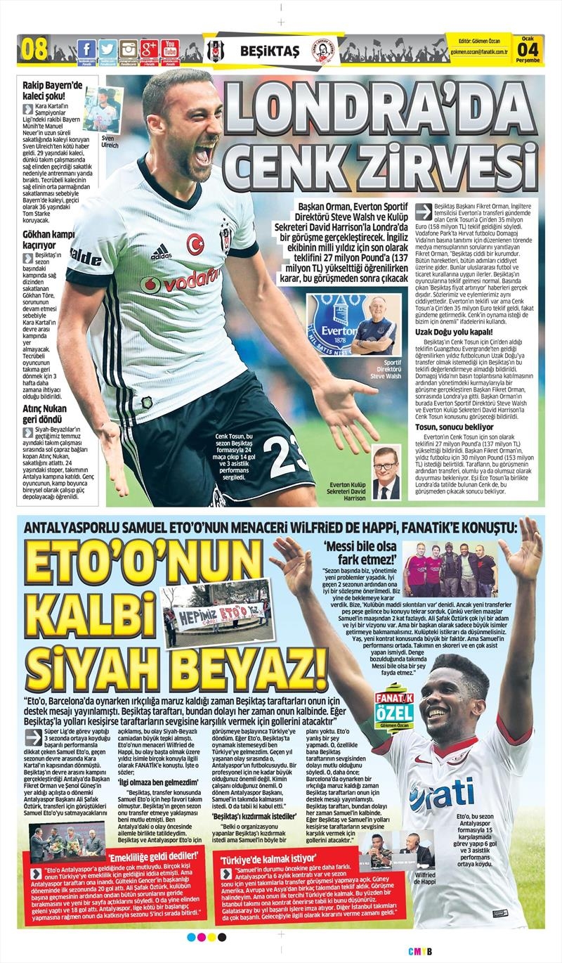 4 Ocak 2018 | Gazetelerin Beşiktaş Manşetleri - Görsel 1