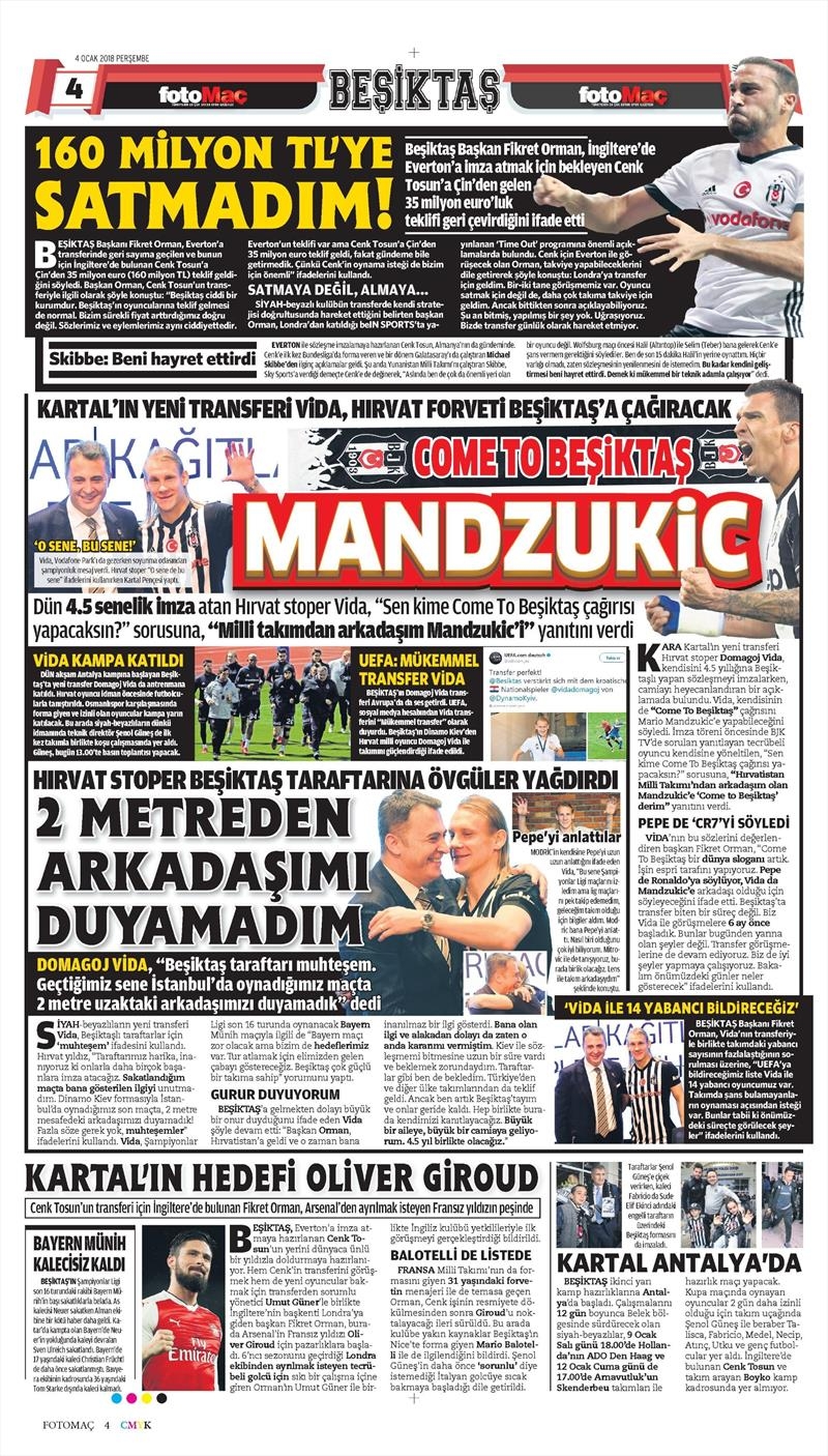 4 Ocak 2018 | Gazetelerin Beşiktaş Manşetleri - Görsel 3