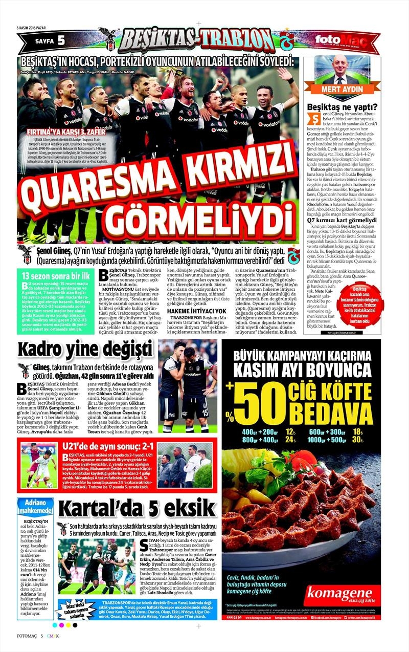 6 Kasım 2016 | Gazetelerin Beşiktaş sayfaları - Görsel 13