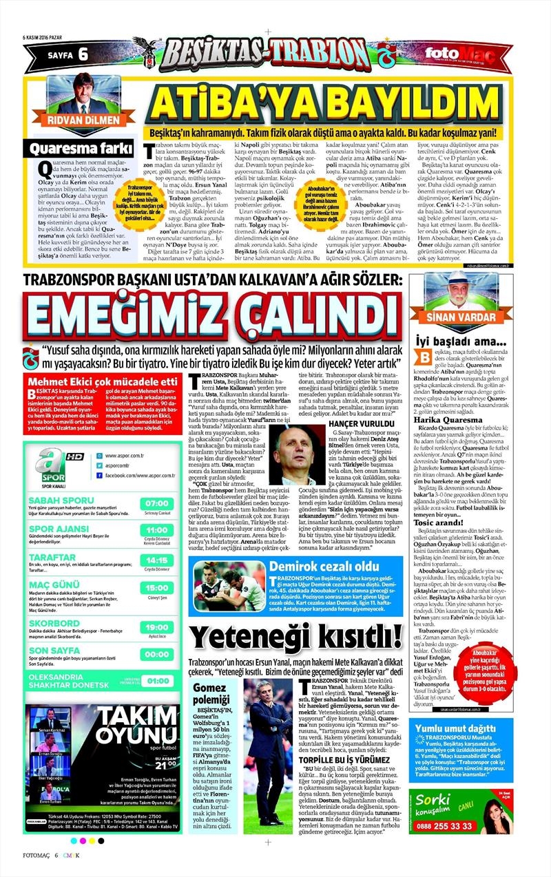 6 Kasım 2016 | Gazetelerin Beşiktaş sayfaları - Görsel 14