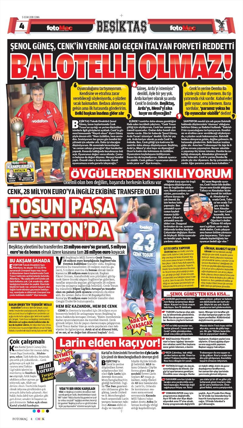 5 Ocak 2018 | Gazetelerin Beşiktaş Manşetleri - Görsel 3