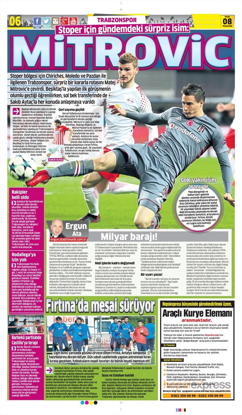 08 Ocak 2018 | Gazetelerin Beşiktaş Manşetleri - Görsel 3